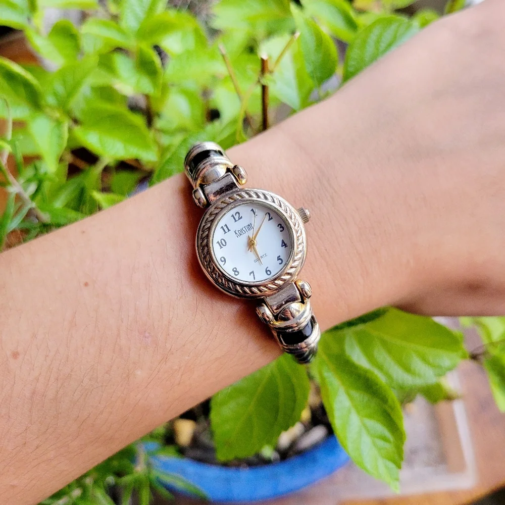 Classic Kristine Round Analog Silver Black & Gold Twist Cuff Watch